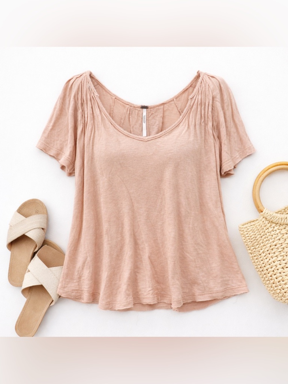 Free People Linen Blend Slouchy Tee XS Blush Pink Raw Edge Boho Coastal Top